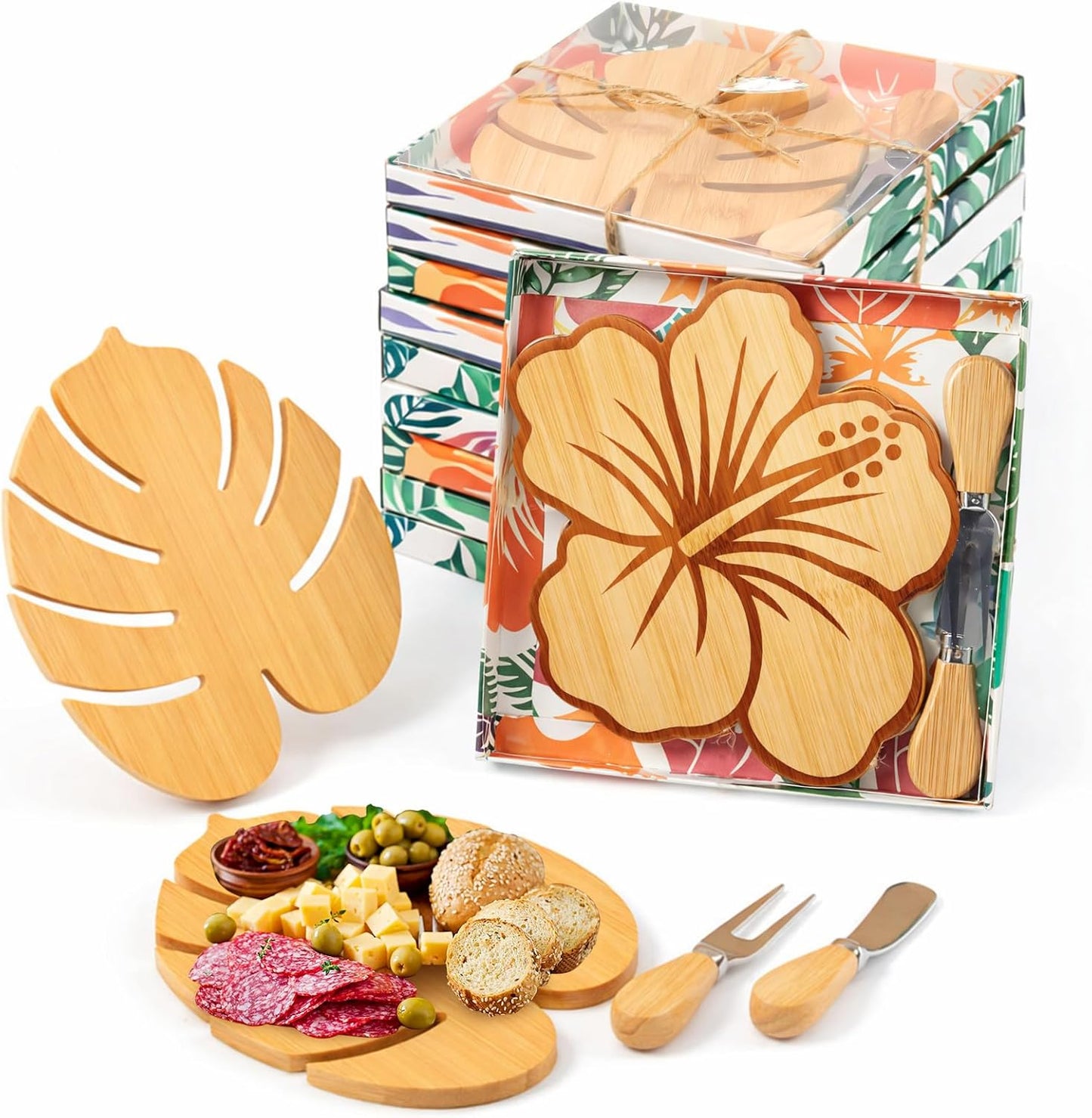 Ziliny 6 Sets Palm Leaf Hawaiian Mini Charcuterie Boards with Knives Forks and Gift Boxes, Bamboo Cheese Board Set, Luau Tropical Party Favors for Summer Beach Birthday Bridal Baby Shower