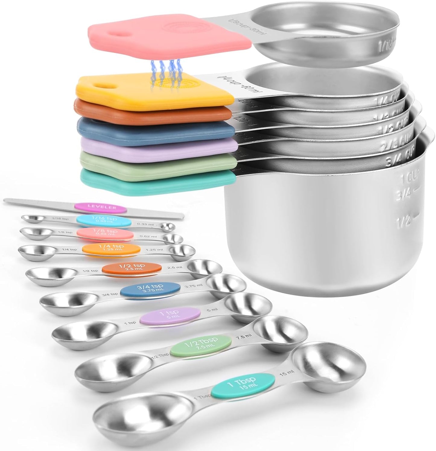 Magnetic Measuring Cups and Spoons Set-Heavy Duty 304 Stainless Steel，Double Measurement Markings，Set of 16 with Leveler for Measure Dry and Liquid Ingredients (Black)