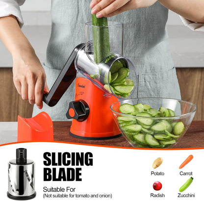 Geedel Rotary Cheese Grater, Kitchen Mandoline Vegetable Slicer with 3 Interchangeable Blades, Easy to Clean Rotary Grater Slicer for Cheese, Vegetables, Nuts