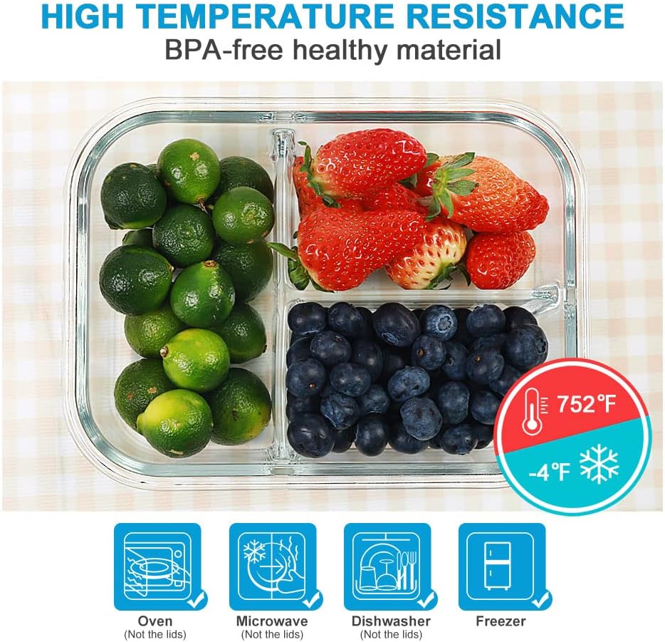 DAS TRUST 5 Pack 36oz Bento Box Glass Meal Prep Containers 3 Compartments Glass Food Storage Containers with Lids Meal Prep Bowls Lunch Box Glass Food Prep Containers Lunch Container for Oven