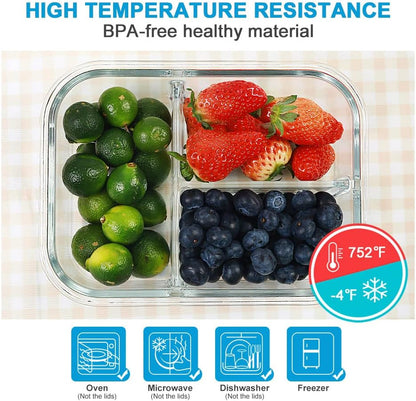 DAS TRUST 5 Pack 36oz Bento Box Glass Meal Prep Containers 3 Compartments Glass Food Storage Containers with Lids Meal Prep Bowls Lunch Box Glass Food Prep Containers Lunch Container for Oven