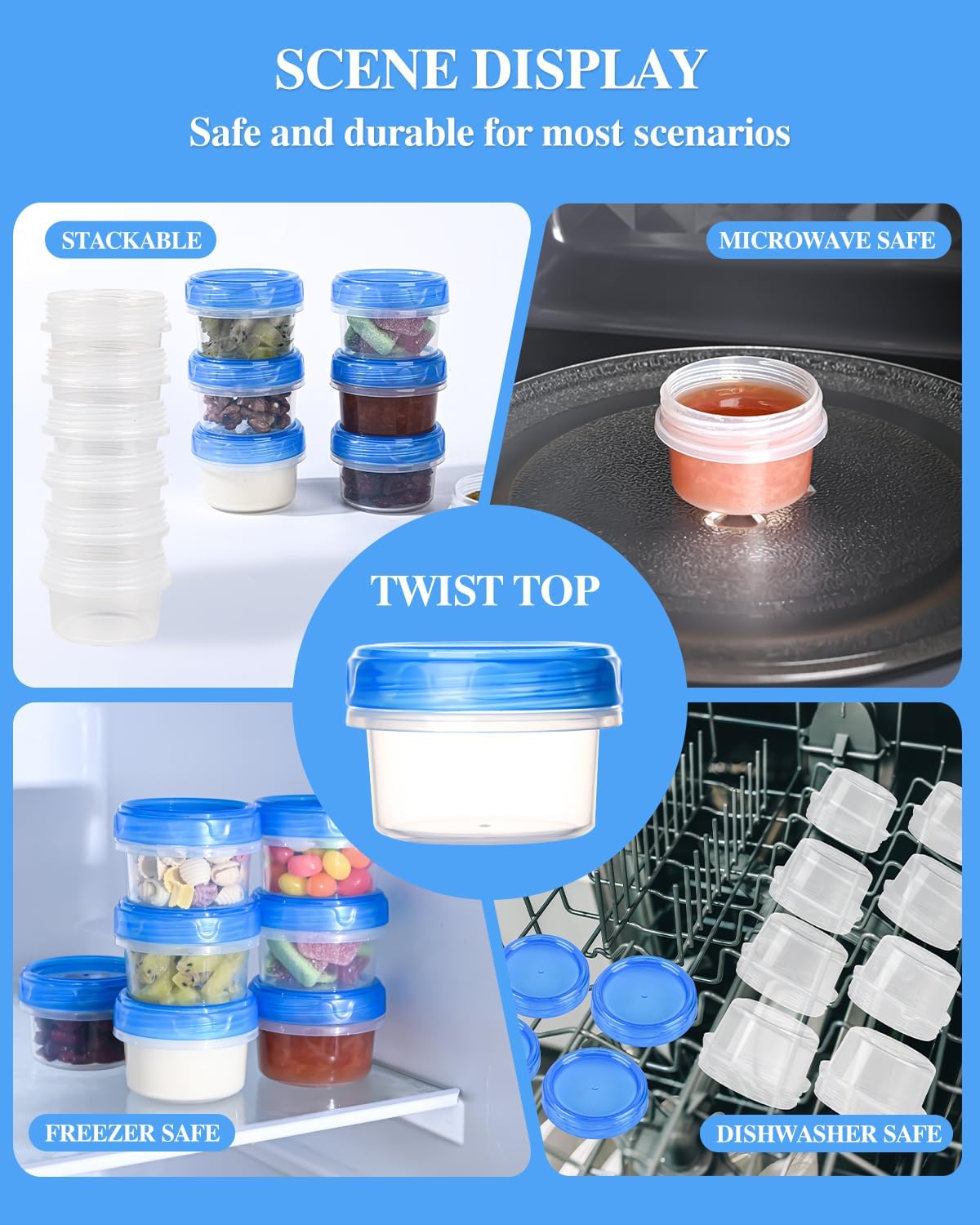 Heavy Duty Airtight Plastic Containers with Twist Top Lids, Stackable Freezer Containers for Lunch, Salad, Soup, Leftover, Ice Cream, BPA Free [6 Pack-32 oz]