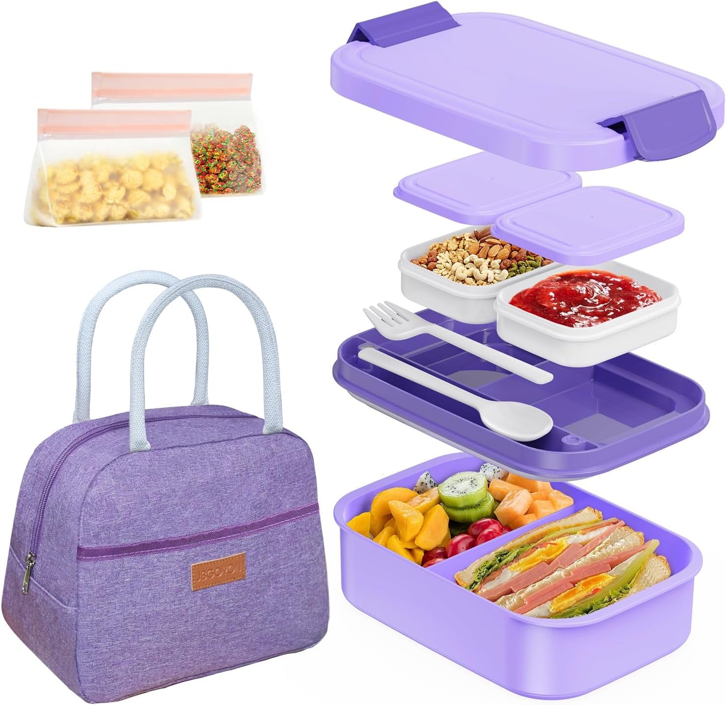 JBGOYON Bento Box and Lunch Bag Set, Leak-Proof Lunch Box for Adults and Kids with Built-in Utensils, Insulated for Work School Travel, Microwave & Dishwasher Safe, All-in-One (Purple)
