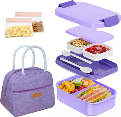 JBGOYON Bento Box and Lunch Bag Set, Leak-Proof Lunch Box for Adults and Kids with Built-in Utensils, Insulated for Work School Travel, Microwave & Dishwasher Safe, All-in-One (Purple)