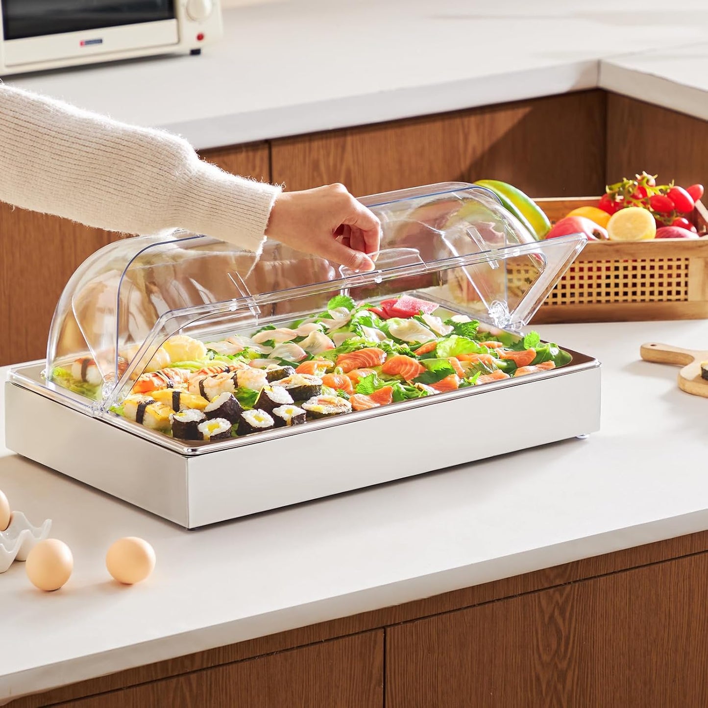 VEVOR Chilled Condiment Server, 4 Compartment Ice Cooled Condiment Serving Container, Chilled Garnish Tray Bar Caddy with Lid, for Bartending & Serving Taco, Salad, Fruit, Home & Restaurant Supplies