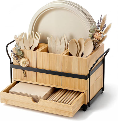 Qunclay Wooden Silverware Caddy with Drawer, Paper Plate Organizer Holder Dispenser for Party, Utensil Cutlery and Flatware Holder with 4 Compartments for Forks, Spoons, Napkins, Kitchen Countertop