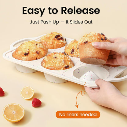 Silicone Muffin Pans With Metal Reinforced Frame - 24 Cups Durable Silicone Baking Pan for Muffins, Cupcakes, BPA Free and Dishwasher Safe - Beige with Rainbow Spots, Set of 2