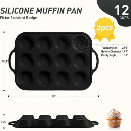 2 Packs 12 Cups Silicone Muffin Pan for Baking with Metal Reinforced Frame Regular Size Cupcake Pan Tray Egg Bites Silicone Cookie Molds Muffin Tin Tart Pans Sheet Set for Oven Dishwasher Safe