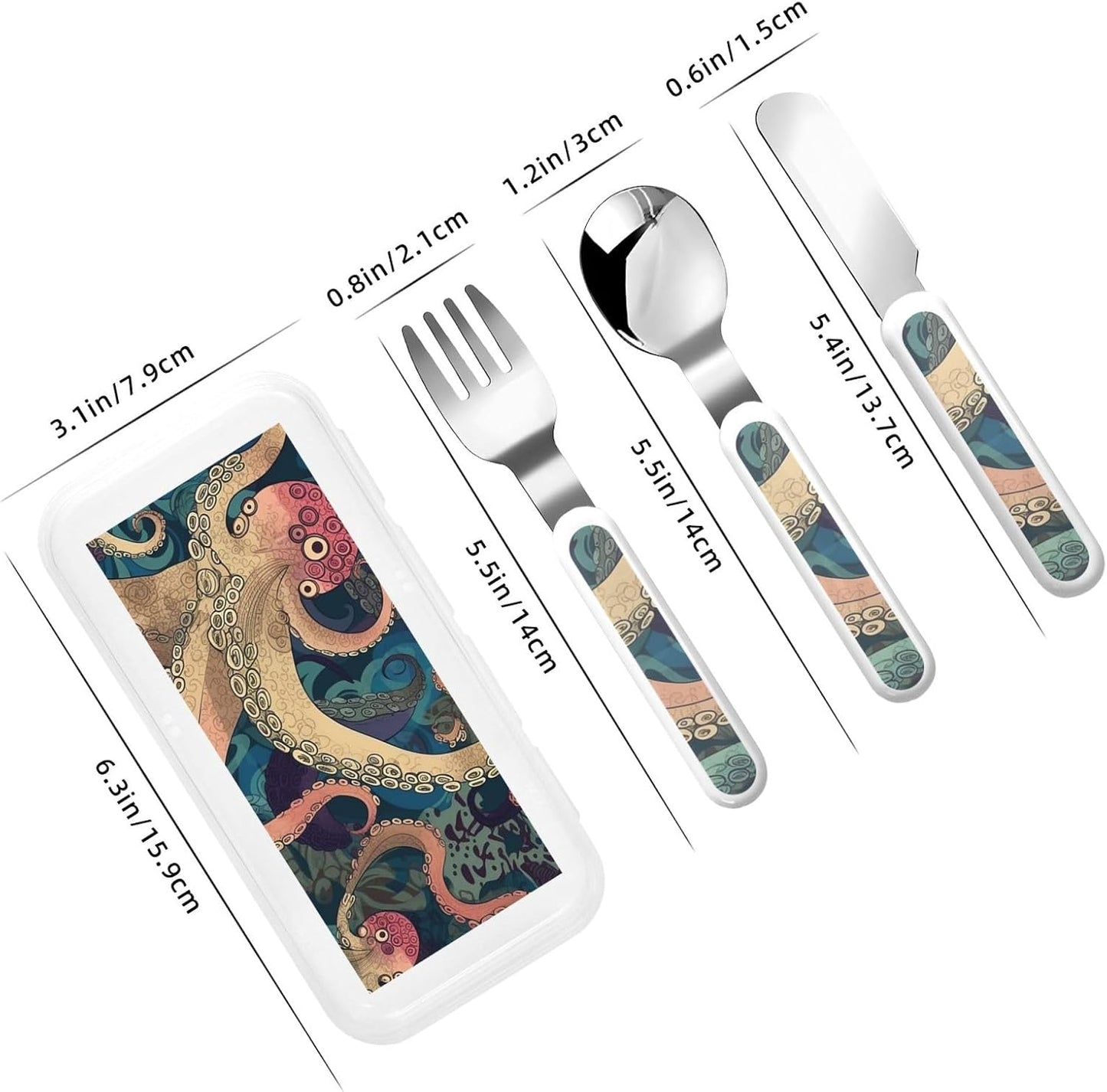 3-Piece Kids Silverware Set With Storage Case, Stainless Steel Reusable Children Safe Knife Spoon Fork Set Abstract Octopus Kraken Children Flatware Set For Kids Lunch Box