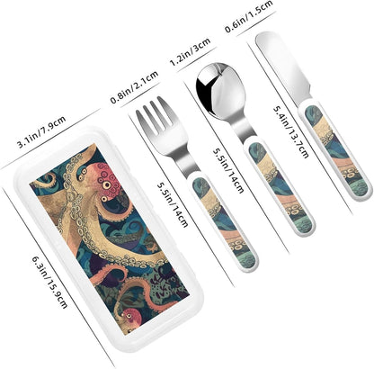 3-Piece Kids Silverware Set With Storage Case, Stainless Steel Reusable Children Safe Knife Spoon Fork Set Abstract Octopus Kraken Children Flatware Set For Kids Lunch Box