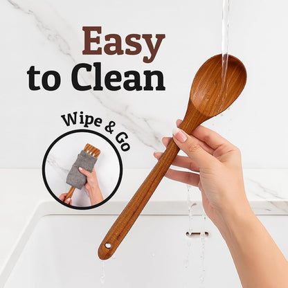 PriorityChef Wooden Slotted Spoon - Premium Teak Cooking Utensil for Frying, Straining & Serving - Long Handle Kitchen Spoon for Nonstick Cookware - Handcrafted Durable Wood