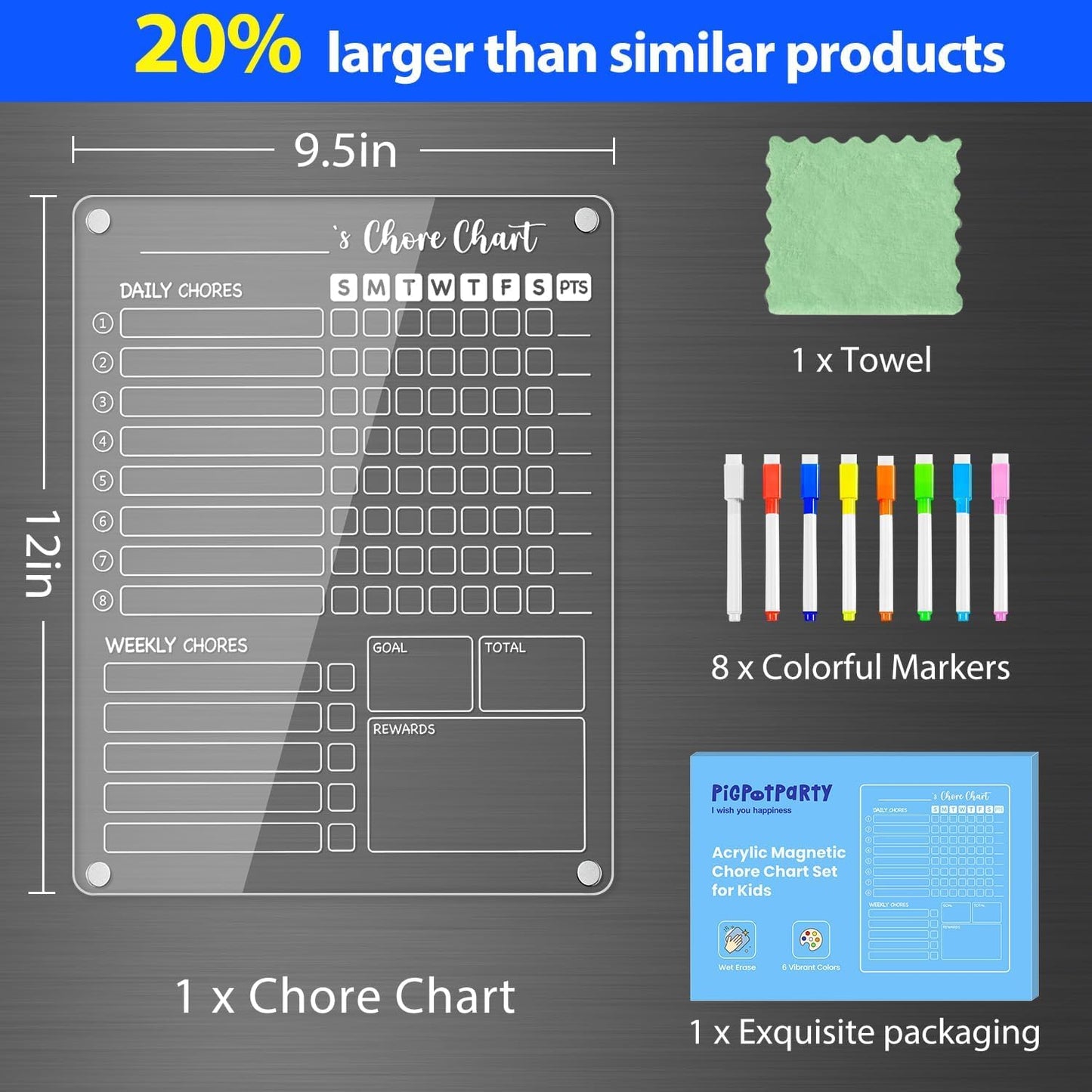 PigPotParty Acrylic Magnetic Chore Chart for Adults, 12x9.5 Inch Clear Dry Erase Chore Board for Fridge, Daily Weekly and Notes Sections, Pre-Installed Embedded Magnets, 8 Fine-tip Markers and Towel