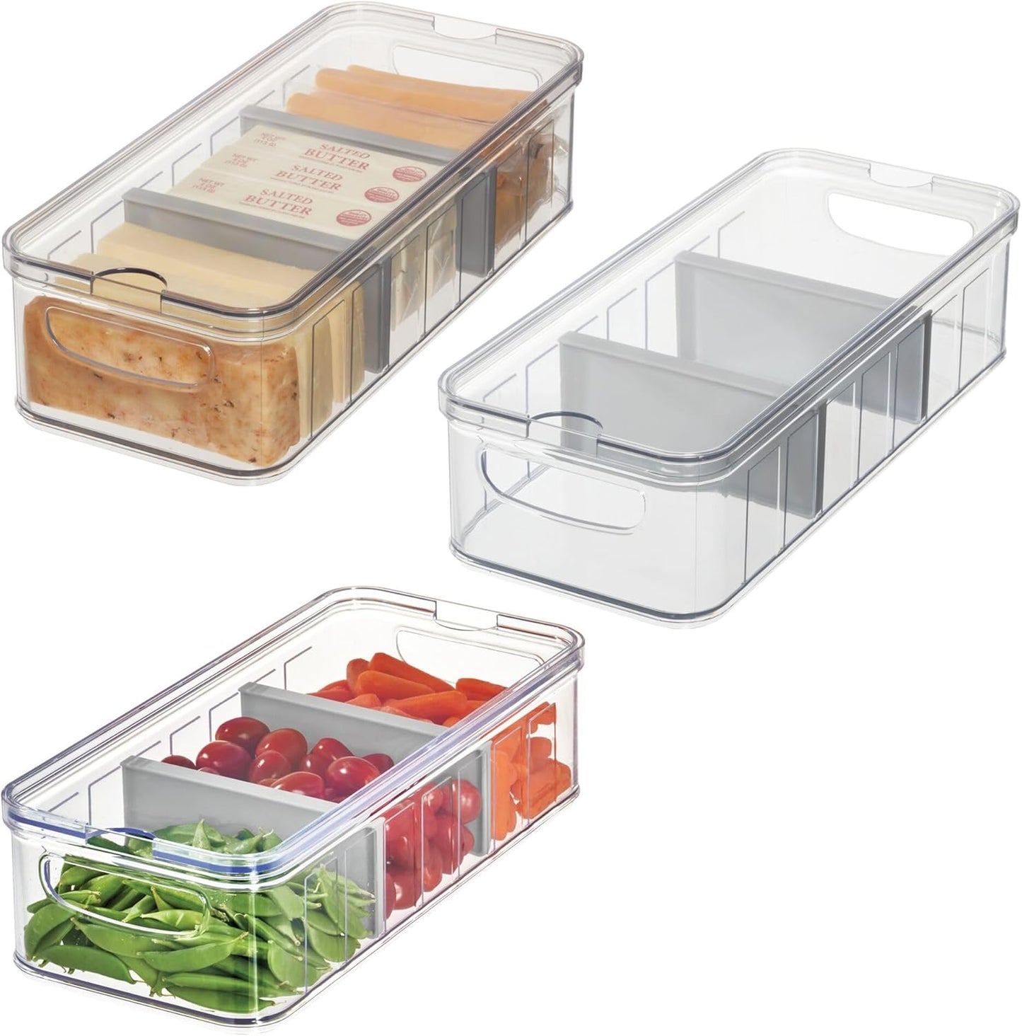 iDesign Recycled Plastic Crisp Large Divided Fruit and Vegetable Storage with Easy to Grip Integrated Handles Designed to Keep Food Fresh Longer, 14. 82" x 6. 32" x 3. 76"