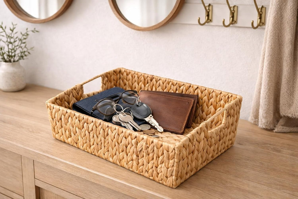 Handwoven Water Hyacinth Storage Basket with Cutout Handles – Natural Rectangular Woven Organizer for Shelves, Closets, Living Room & Home Decor