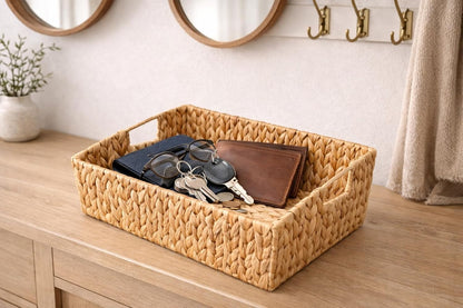 Handwoven Water Hyacinth Storage Basket with Cutout Handles – Natural Rectangular Woven Organizer for Shelves, Closets, Living Room & Home Decor