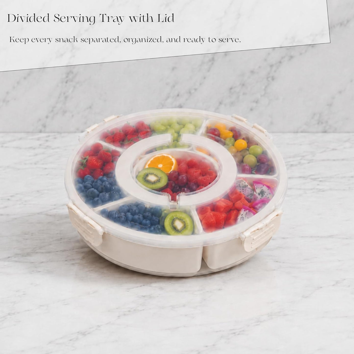 Divided Serving Tray with Lid - Snack Tray - Snack Box - Portable Snackle Box Organizer for Fruit, Salad, Chips & Dip - Lazy Susan Platter with Handle for Parties, Road Trips, Kids & Charcuterie
