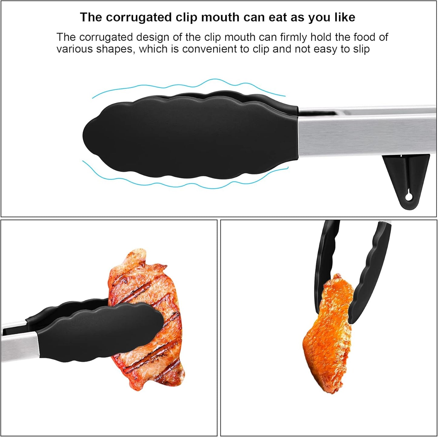 4in1 Stainless Steel Kitchen Food Tongs Set for Cooking with Silicone Tips, Toaster Steak Pie Pizza Pasta Spaghetti Noodles Salad Fruit Vegetable Grill BBQ Buffet Clamp Serving Tools Gadgets