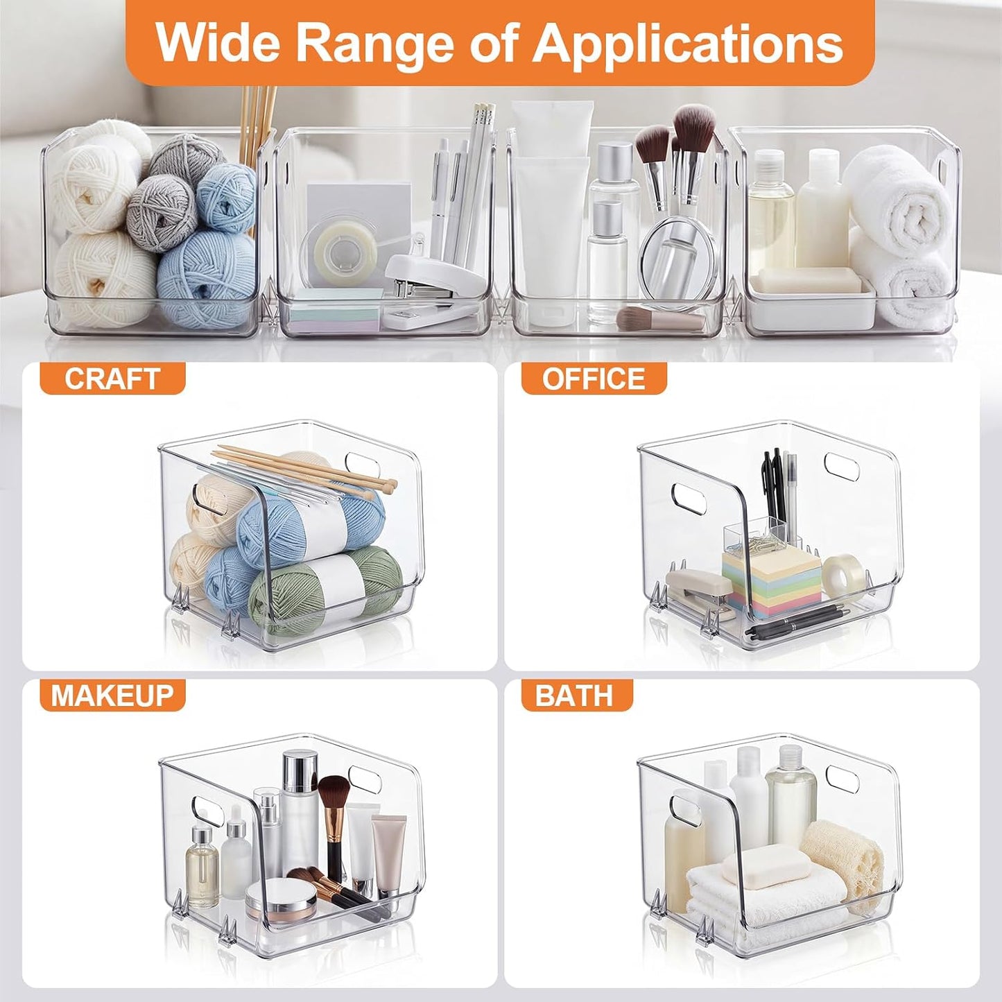 4 Pcs Clear Plastic Storage Bins Stackable Pantry Storage Organizer Kitchen Cabinet Organizers Ideal Containers for Coffee Pod Tea Sugar Bag Fridge Caddy Office