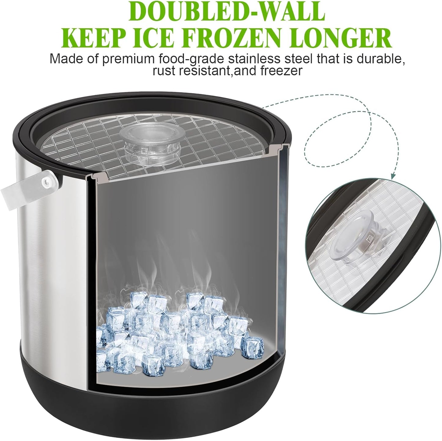 5QT/4.8L Insulated Ice Bucket for Parties, Large Capacity Double-Wall Beverage Bucket with Scoop & Lid for Champagne, Wine, Cocktail (Black)