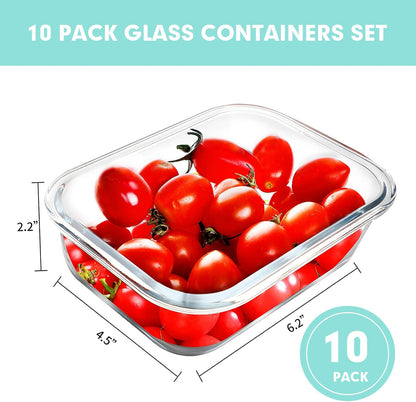 VERONES 10 Pack 22 OZ Glass Meal Prep Containers, Airtight Glass Lunch Containers Set, Food Storage Containers with Lids,BPA Free, for Microwave, Oven, Freezer & Dishwasher Friendly,White