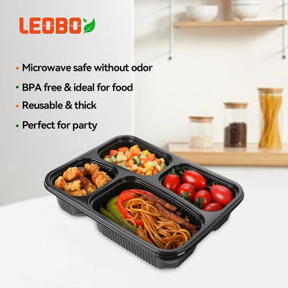 Meal Prep Containers 34oz 40 Pack - BPA Free PP Plastic Shrink Wrap & Leak Proof Takeout Box | Dishwasher Freezer & Microwave Safe Reusable for Bulk Cooking | Black 4 Compartment Food container