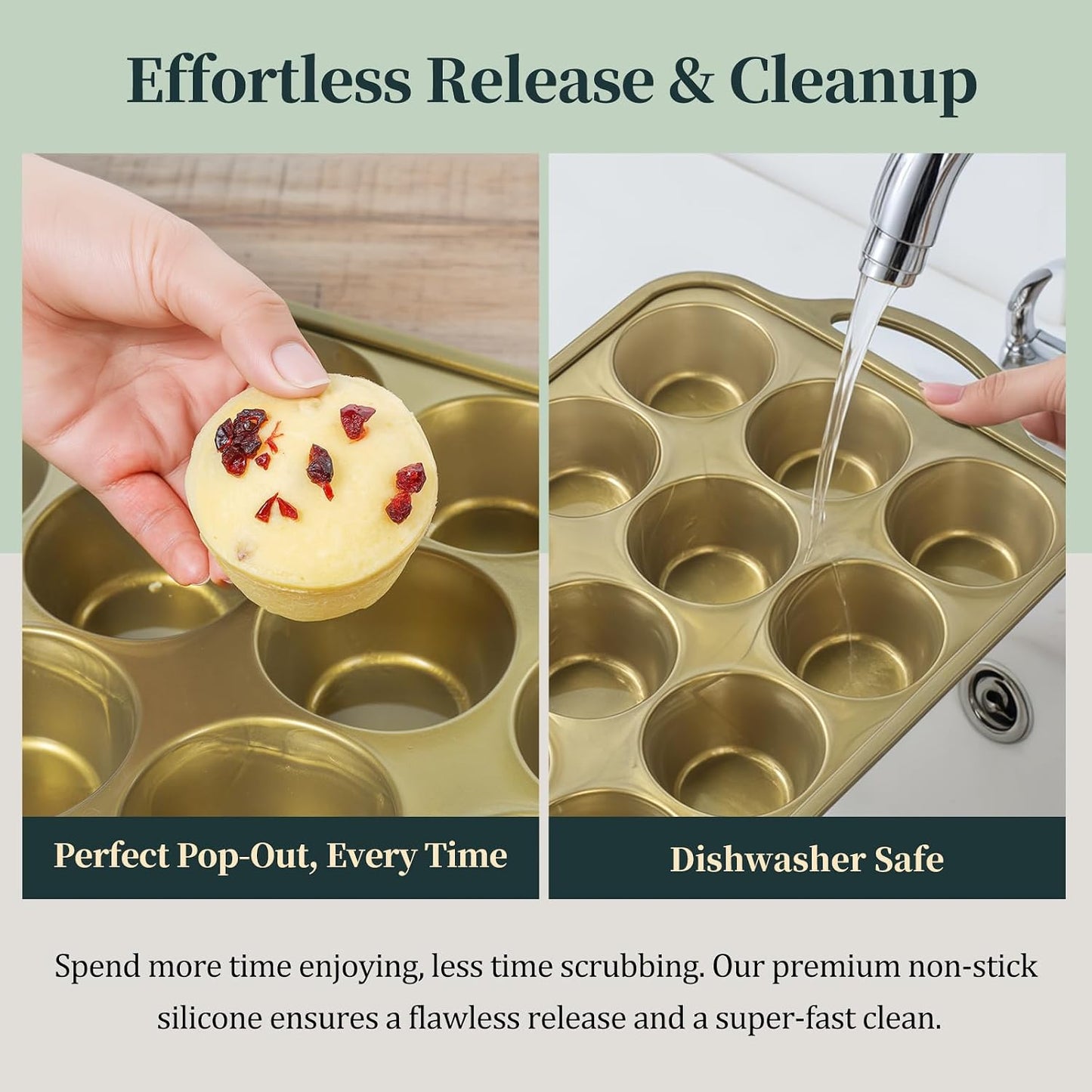 Silicone Muffin Pan with Metal Frame, 12-Cup Non-Stick Baking Pan for Cupcakes & Muffins, Dishwasher Safe & BPA Free, Durable for Meal Prep & Oven Use