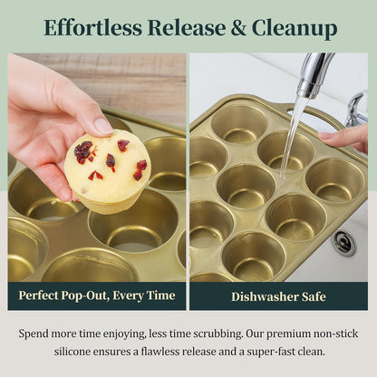 Silicone Muffin Pan with Metal Frame, 12-Cup Non-Stick Baking Pan for Cupcakes & Muffins, Dishwasher Safe & BPA Free, Durable for Meal Prep & Oven Use
