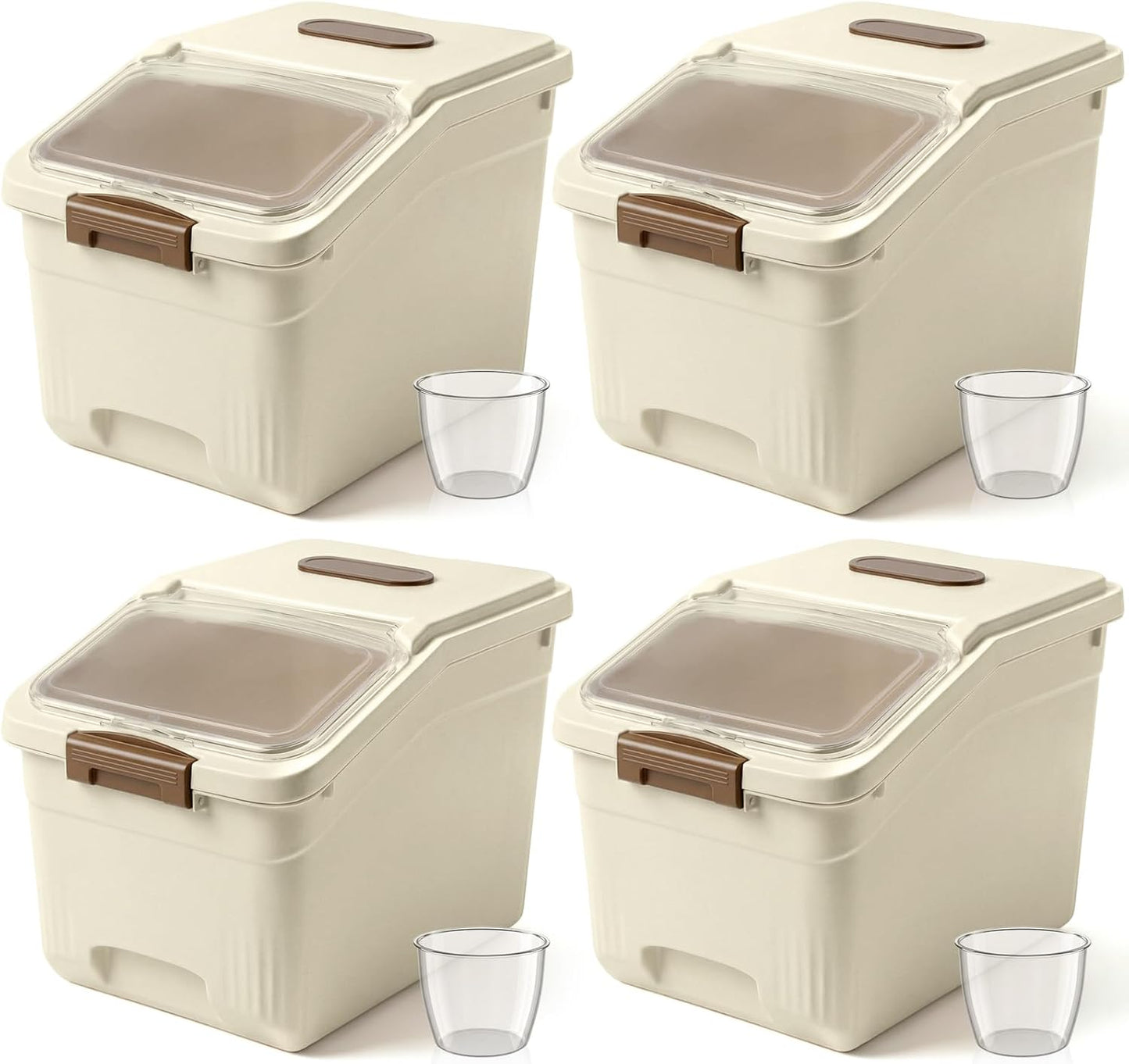 Blushtier 4 Pack Large Rice Storage Containers 30 Lbs Airtight Flour Container with Seal Locking Lid and Measuring Cup Kitchen Dry Food Storage Bins for Cereal Sugar Beans(Transparent White)
