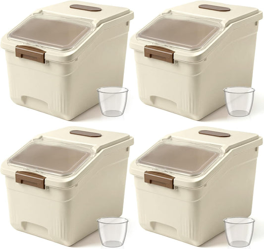 Blushtier 4 Pack Large Rice Storage Containers 30 Lbs Airtight Flour Container with Seal Locking Lid and Measuring Cup Kitchen Dry Food Storage Bins for Cereal Sugar Beans(Transparent White)