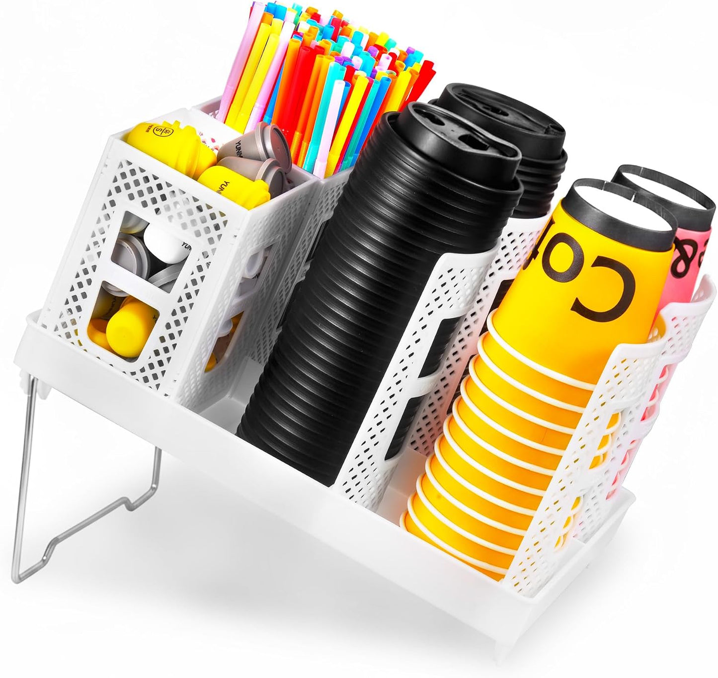 Cup and Lid Holder, Disposable Paper Cup Dispenser with Coffee Pod Straw Storage Basket, 6-Compartment Countertop Coffee Cup Holder for Coffee Stations, Break Rooms, Living Rooms (Black)