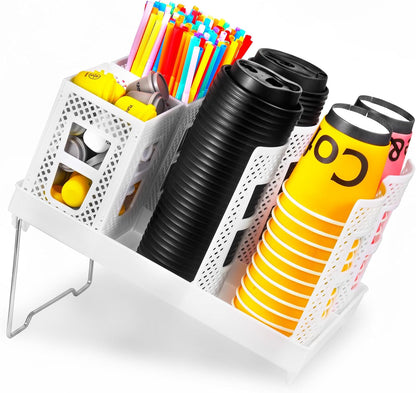 Cup and Lid Holder, Disposable Paper Cup Dispenser with Coffee Pod Straw Storage Basket, 6-Compartment Countertop Coffee Cup Holder for Coffee Stations, Break Rooms, Living Rooms (Black)