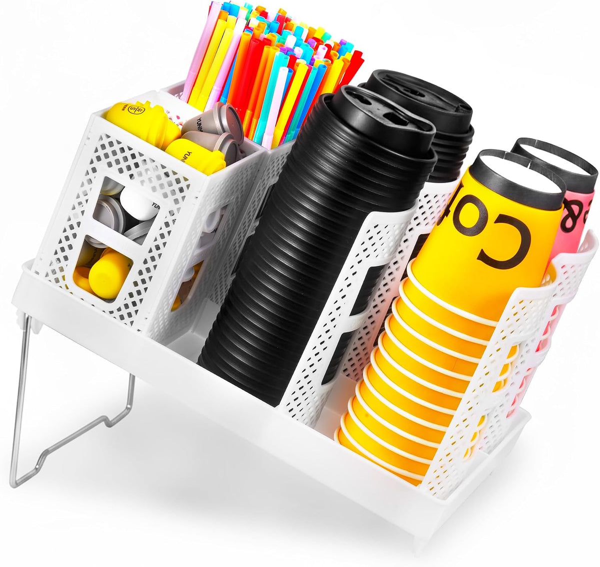 Cup and Lid Holder, Disposable Paper Cup Dispenser with Coffee Pod Straw Storage Basket, Countertop Coffee Cup Holder for Coffee Stations, Bars, Break Rooms, Living Rooms, Parties (Black)