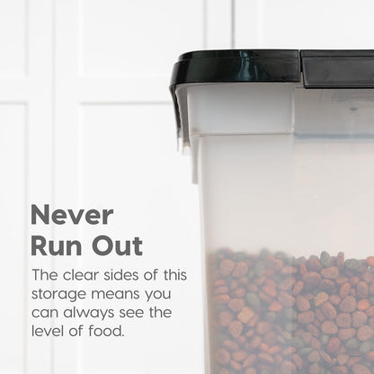 IRIS USA Airtight Dog Food Storage Container, WeatherPro, Up to 25 lbs, Removable Wheels, for Dog Cat Bird and Other Pet Food Storage Bin, Keep Fresh, Translucent Body, Made in USA, Clear/Black