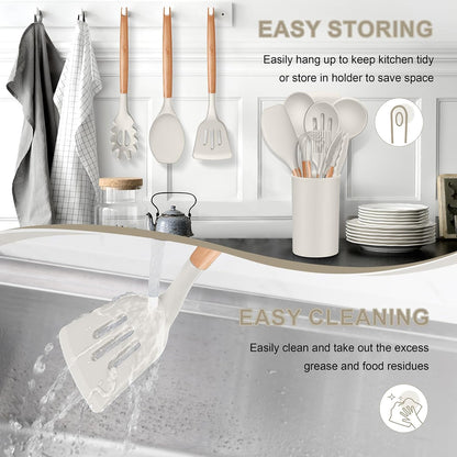 P&P CHEF Silicone Cooking Utensils Set, 12PCS Kitchen Utensils Set with Wooden Handle for Nonstick Cookware, Ladle, Spoon, Spatula, Tong, Heat-resistant & Non-scratch, Non Smell & Healthy, Khaki