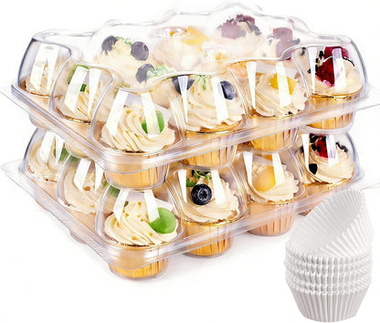 12 Count x 12 Sets Cupcake Carrier With 150 Pack Liners, Stackable Plastic Cupcake Containers Boxes Holder with Tall Dome Lid, Disposable Cupcake Storage Trays