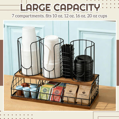 Geelin 18oz Adjustable Coffee Cup Dispenser with Wooden Base, Cup and Lid Holder, Cups Holder Organizer for Coffee Pod Straw and Lid Storage(2-compartment Single,Color 2)
