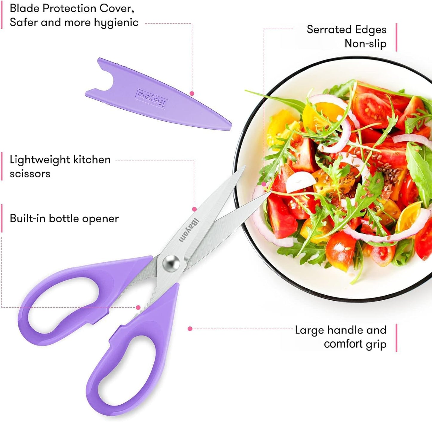 iBayam 2 Pack All Purpose Kitchen Shears Heavy Duty - Stainless Steel Kitchen Scissors With Protective Sheath, Soft Comfort-Grip Handle, Food & Meat Scissors, Home, Kitchen, Dining Utility Gadgets