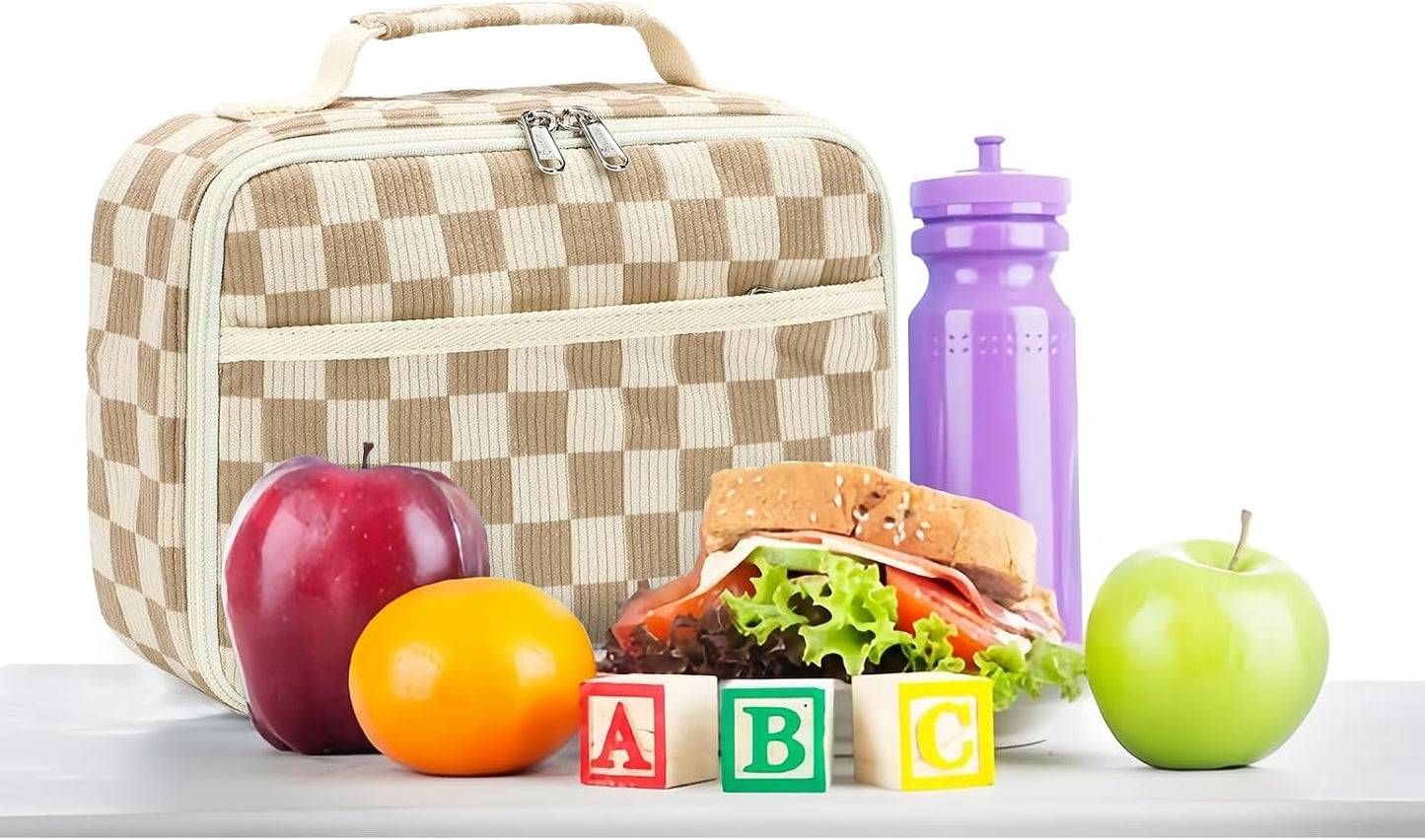 Bluboon Insulated Lunch Bag for Girls & Boys, Corduroy School Lunch Box with Cooler & Organizer Compartments, Leak-Proof Lunch Tote for School, Travel (Corduroy Strawberries Beige)