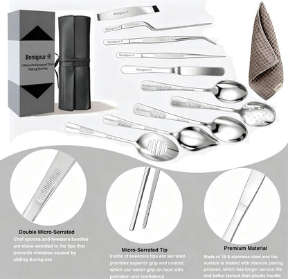 | Plating Tools Culinary Set | 11 Piece Professional Chef Plating Tools Pro Kit | Kitchen Plating Utensils | Modernist Cuisine Food Art | Stainless Steel | Black (Black)