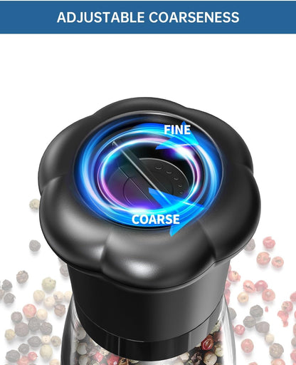 CIRCLE JOY Premium Manual Salt and Pepper Grinder Set, Refillable Salt and Pepper Shakers with Ceramic Blades, Adjustable Coarseness and BPA-free 180ml Glass Container, Tall Black White