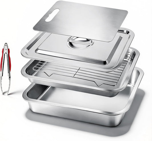 Grilling Prep and Serve Trays, Grill Carry System Set of 6 - Stainless Steel Grill Platter,Marinade Container with Lid, Prep Trays,Cutting Board and Food Tong, for Food Prep, Marinating, Roasting, BBQ