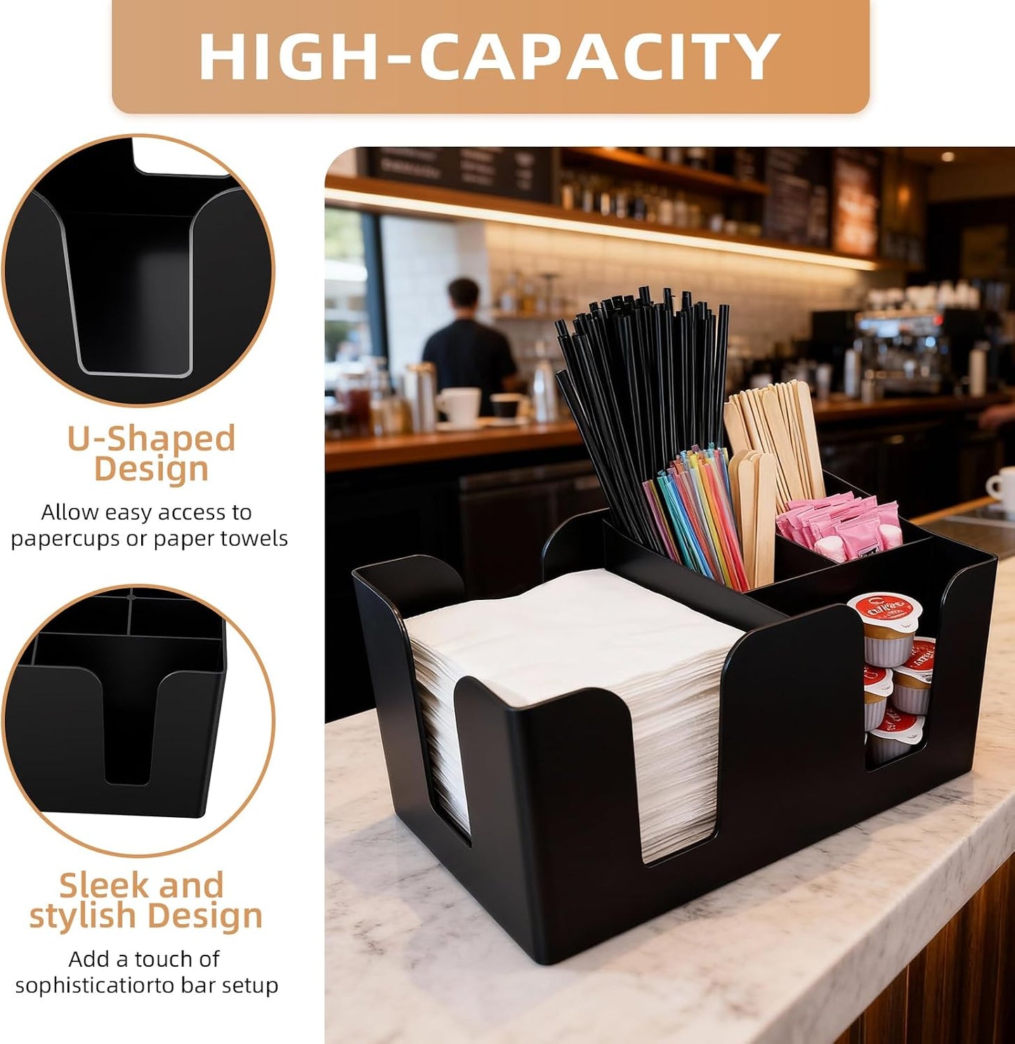 Commercial Cup and Lid Holder with Straw Organizer,Disposable Coffee Cup Condiment Dispenser for Countertop Org, Coffee Bar, Beverage Cup, Kitchen, Breakroom (11 Compartment Upright)