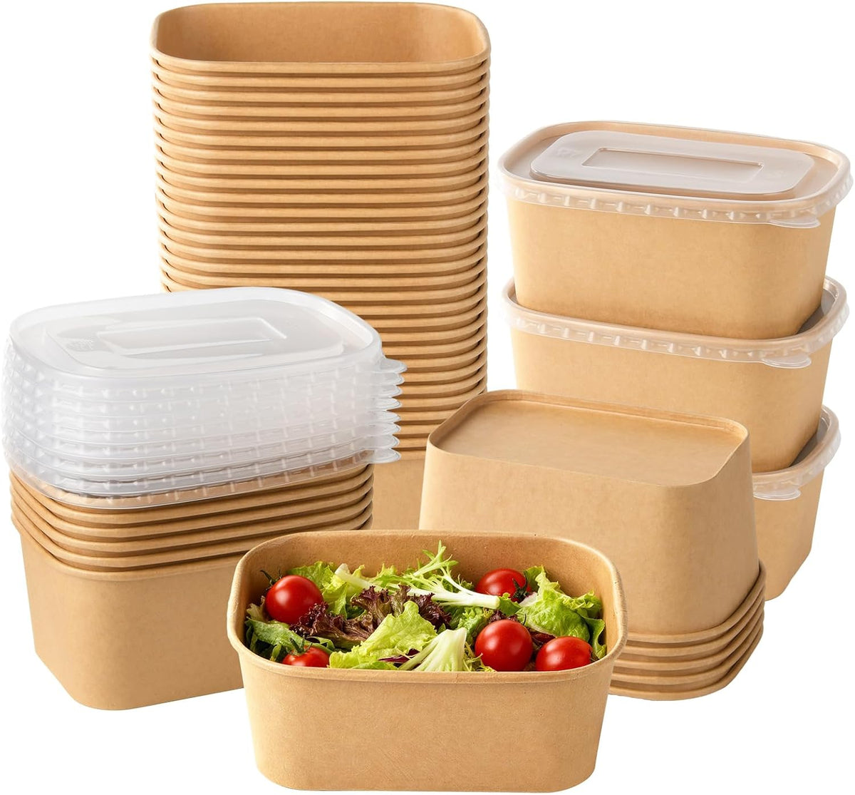 50 Sets 25oz Disposable Kraft Paper Bowls with Lids, Rectangle