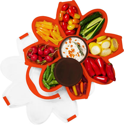 KOLORAE Flower Snack Serving Tray - 9 Compartment Party Platter with Dressing Cup for Chips and Dip, Fruits and Veggies - Game Day & Summer Entertaining Tray