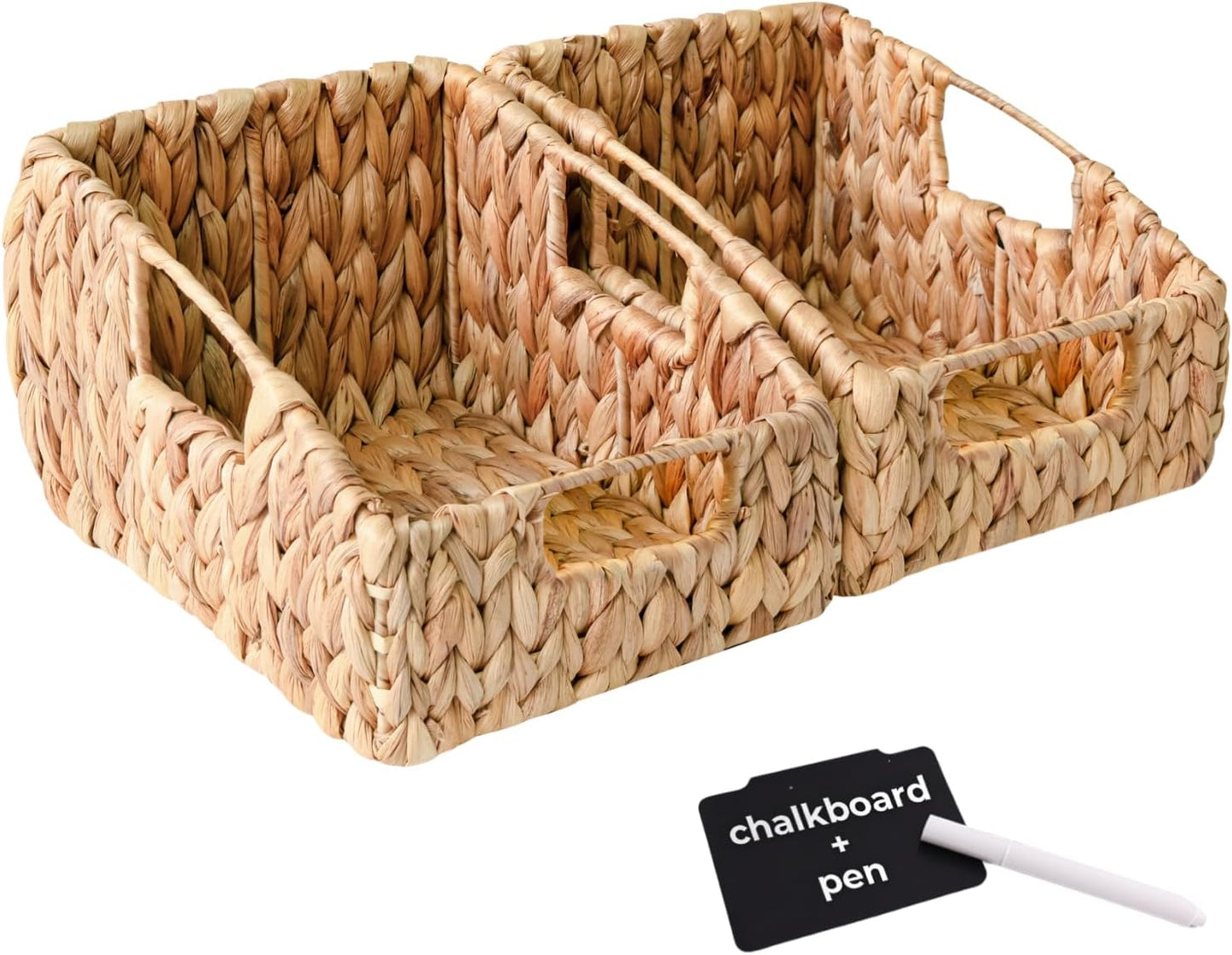 KOKODO 2-Pack Open Front Pantry Baskets, Handwoven Water Hyacinth Wicker Storage Baskets with Built-in Handles, Organizing Bins for Shelves