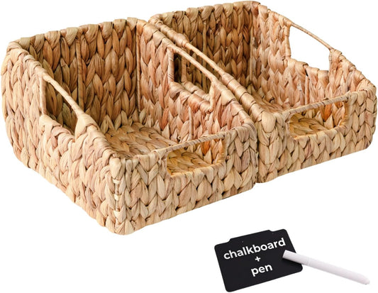 KOKODO 2-Pack Open Front Pantry Baskets, Handwoven Water Hyacinth Wicker Storage Baskets with Built-in Handles, Organizing Bins for Shelves