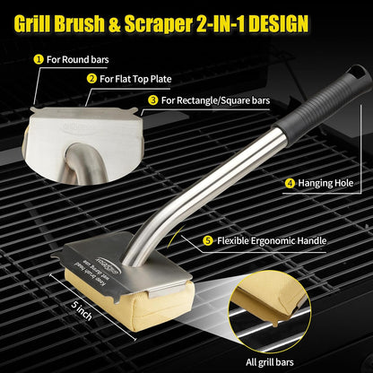 Grill Brush Bristle Free-Steam Grill Brush for Outdoor Grill for Barbecue,for Cast Iron Grates,Grill Cleaning Brush with Replacement Pads,Grill Cleaner (Handle+Pads)