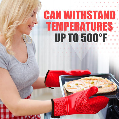 Silicone Oven Mitts, Heat Resistant 2PCS Oven Mitts with Soft Cotton Lining, Waterproof Non-Slip Grip Oven Glove, Kitchen Potholder Mits for BBQ, Baking, Cooking, 12.5 Inch - Grey