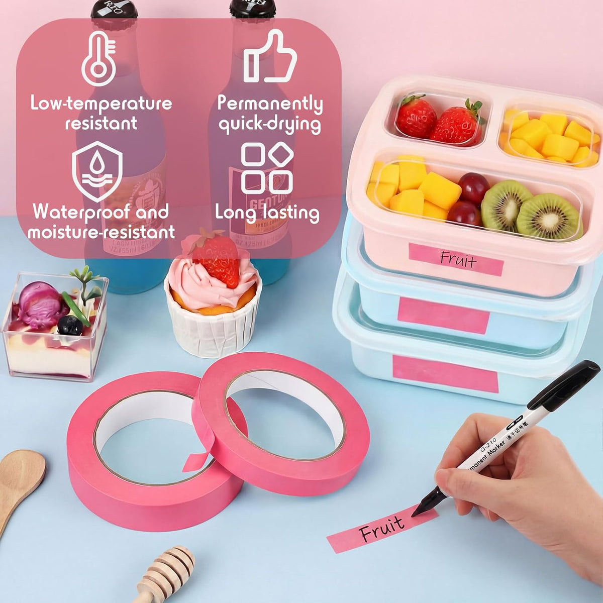 2 Kitchen Freezer Labeling Tapes with 1 Marker Pen, 0.47" x 54 yd Narrow Roll & 0.95" x 54 yd Wide Roll, Waterproof Low Temperature Freezer Marking Tape for Glass Bottle, Storage Container
