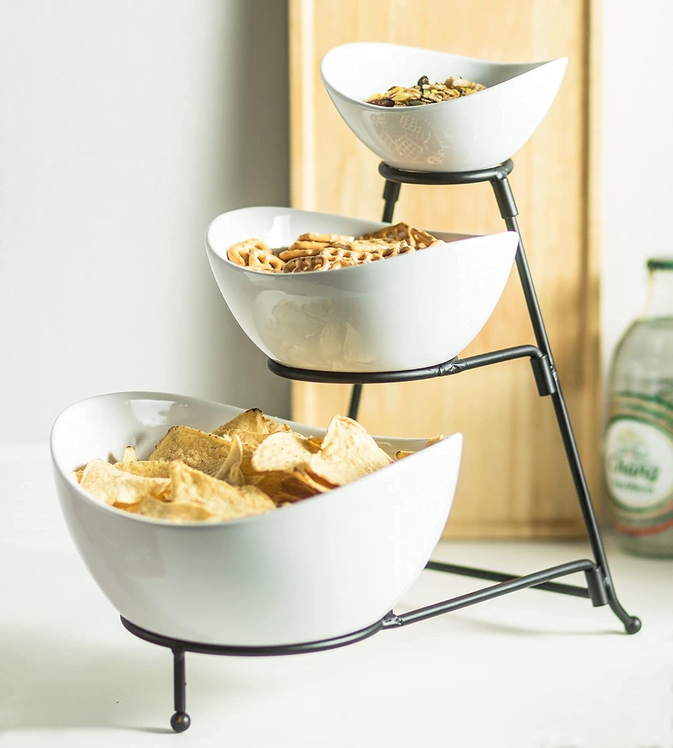 YHOSSEUN 3 Tier Serving Stand Oval Serving Bowl with Metal Rack, Tied Serving Bowls Food Display Dessert Appetizer, Chip and Dip Serving Bowl Set for Parties, Gold-45oz / 17.5oz / 7oz